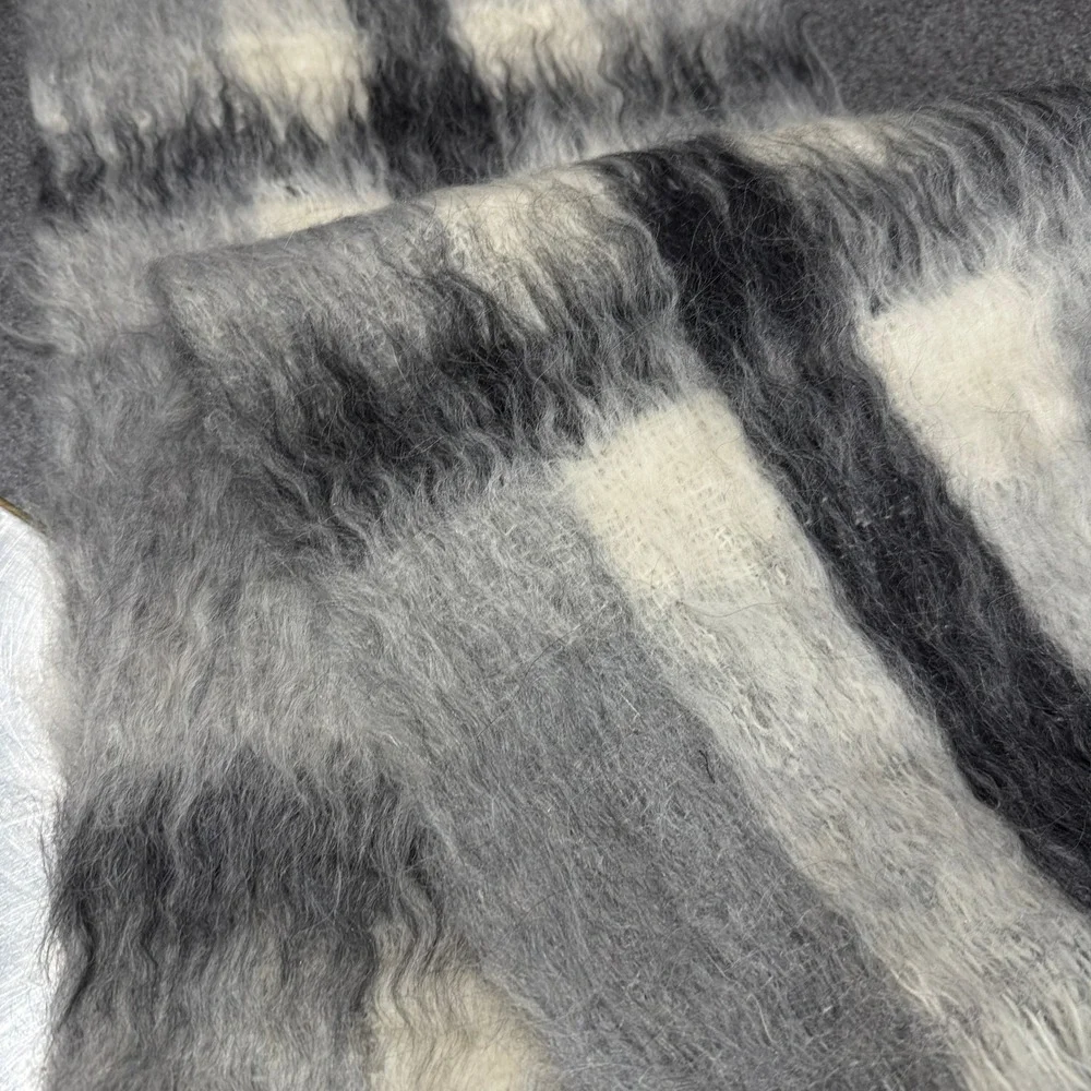 Mohair Scarf Unisex OS Grey Plaid Excellent Fuzzy Shaggy Winter Warm